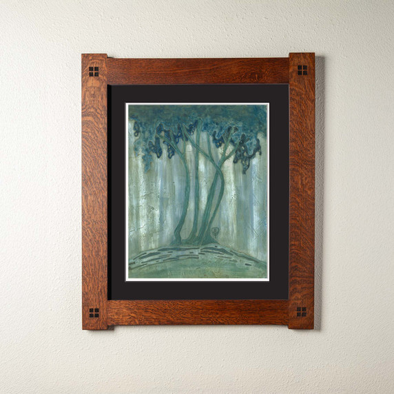  An archival print of an ethereal or spooky forest scene in green tones. It has a double mat in a foursquare oak frame.