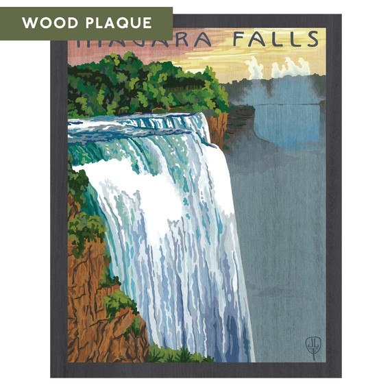  A vertical art print with a wide charcoal border. A massive white and blue waterfall pours from the left foreground into a misty basin. On the right, another section of the falls is visible in the distance. The sky at the top is a soft pink and yellow, with the words 'NIAGARA FALLS' written in a tall, dark blue font. It is labeled 