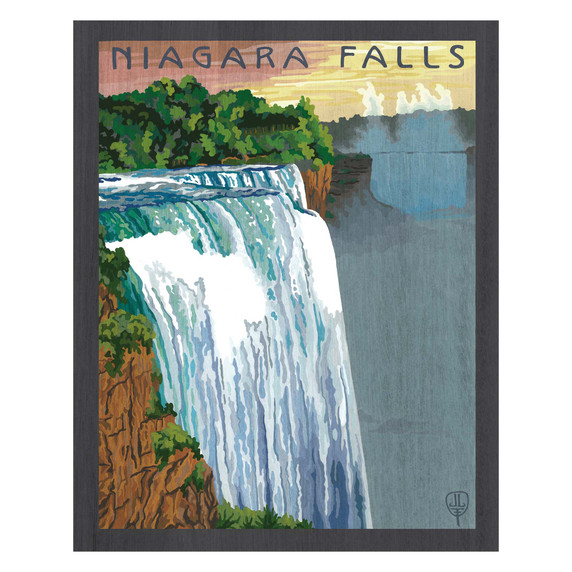  A vertical art print with a wide charcoal border. A massive white and blue waterfall pours from the left foreground into a misty basin. On the right, another section of the falls is visible in the distance. The sky at the top is a soft pink and yellow, with the words 'NIAGARA FALLS' written in a tall, dark blue font. It has a wood grain texture.