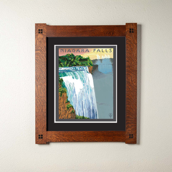  An archival print of a painting of Niagara Falls. It has a double mat in a foursquare oak frame.