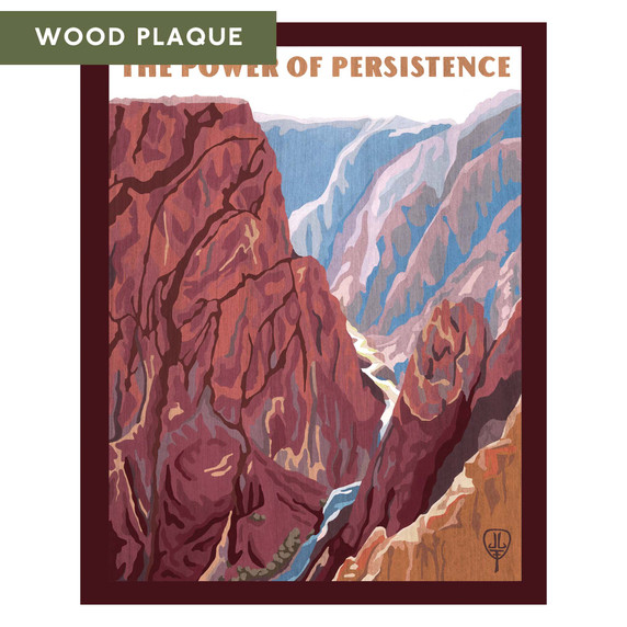  An art print featuring a dramatic view of a rocky river canyon. The illustration uses a layered, painterly technique to depict the steep, dark-purple and mahogany canyon walls, with a small, winding blue river at the base and lighter blue mountains in the background. It is labeled 