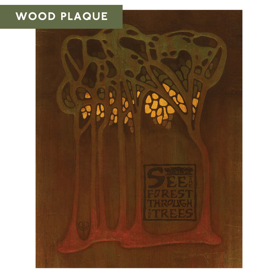  A vertical art print with a dark brown, textured background. In the center, tall, thin tree trunks rise into a single, large green canopy filled with small, irregular holes. A bright yellow light glows from behind the trees. At the bottom right, a red banner features the words 'SEE THE FOREST THROUGH THE TREES' in a tall, black font. It is labeled 