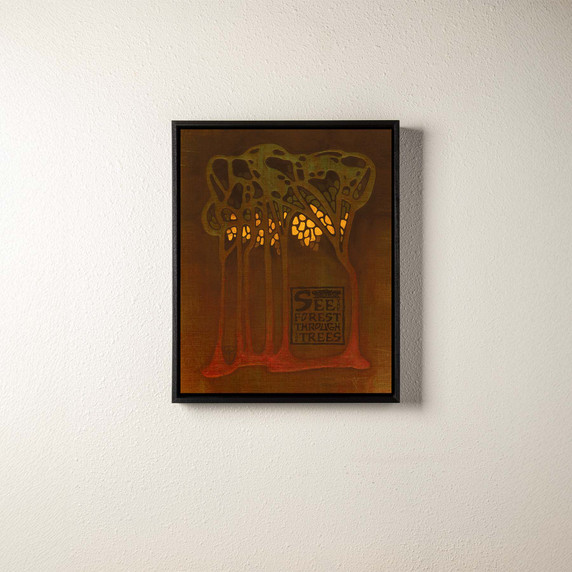  A canvas print of an abstract forest scene. It's in a black float frame.