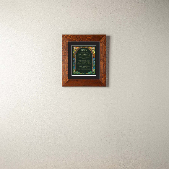  An archival print of the serenity prayer surrounded by stained glass. It has a double mat in a 2