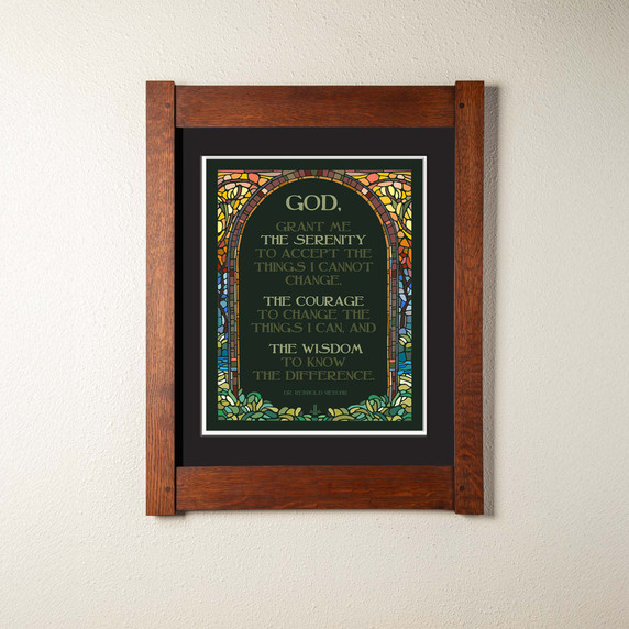  An archival print of the serenity prayer surrounded by stained glass. It has a double mat in a mortise and tenon oak frame.