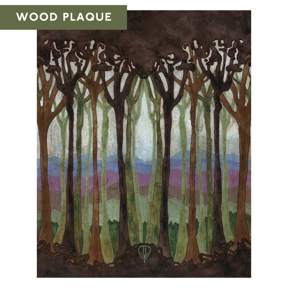  A vertical art print of several tall, thin tree trunks in brown and charcoal rising into a single, dense canopy. Behind the trees, layered hills in shades of green, purple, and light blue recede toward a pale sky. It's on a wood grain texture.