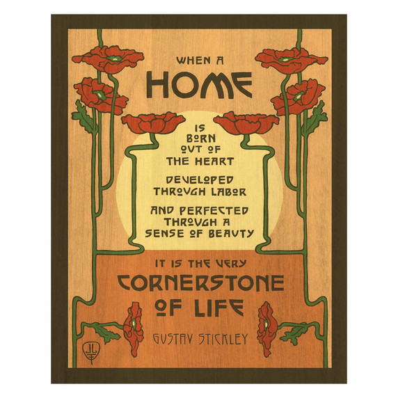  A rectangular art print with a yellow background. At the top and bottom are clusters of vibrant red poppies with long, thin green stems that frame a central quote by Gustav Stickley. The text reads: 