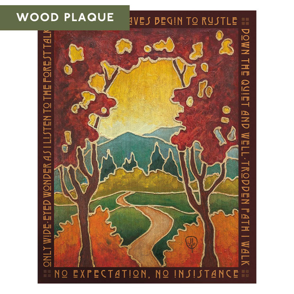  An Arts & Crafts style art print featuring a tranquil autumn forest landscape framed by a poetic border. The illustration depicts a winding path leading toward distant mountains, framed by two large trees. It's labeled 