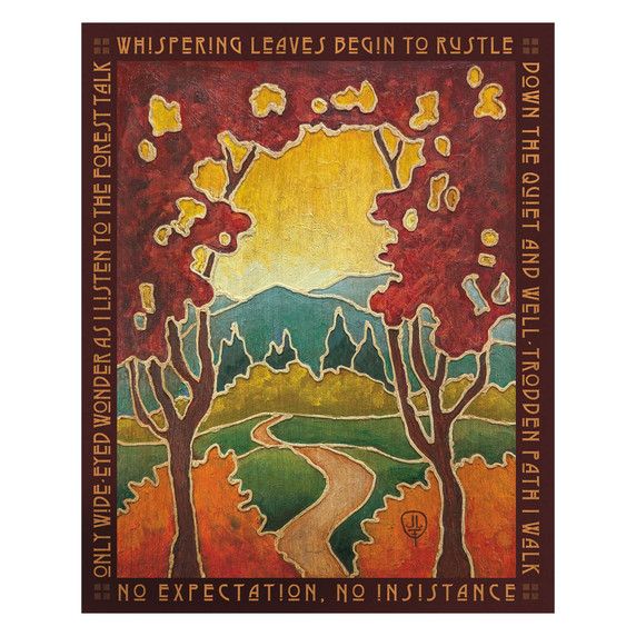  An Arts & Crafts style art print featuring a tranquil autumn forest landscape framed by a poetic border. The illustration depicts a winding path leading toward distant mountains, framed by two large trees. It's on a wood grain texture.