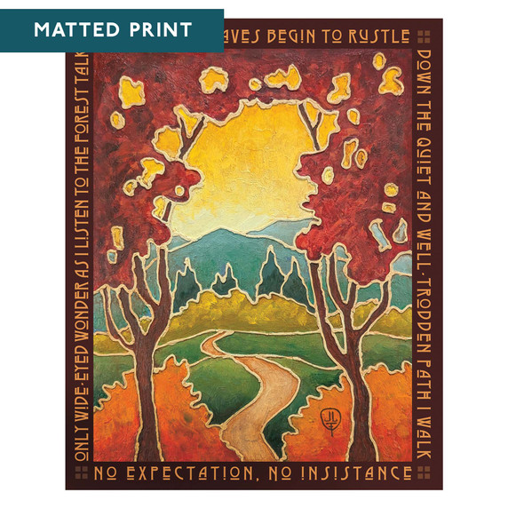  An Arts & Crafts style art print featuring a tranquil autumn forest landscape framed by a poetic border. The illustration depicts a winding path leading toward distant mountains, framed by two large trees. It's labeled 