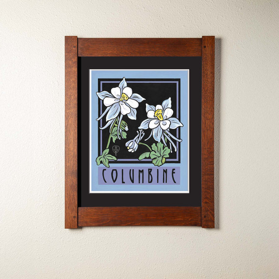  An archival print of two columbine flowers with a double mat and mortise and tenon oak frame.