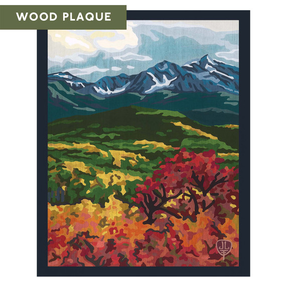  An Arts & Crafts style landscape art canvas featuring a vibrant view of snow-capped blue mountains in Colorado under a cloudy sky. The foreground and midground are filled with a lush, painterly mosaic of autumn foliage in shades of fiery red, orange, and mustard yellow, contrasted against deep evergreen forests. It is labeled 