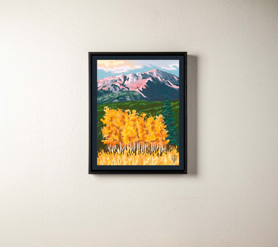  A canvas print of a painting of Pike's Peak in Colorado with aspen trees. It's in a black float frame.