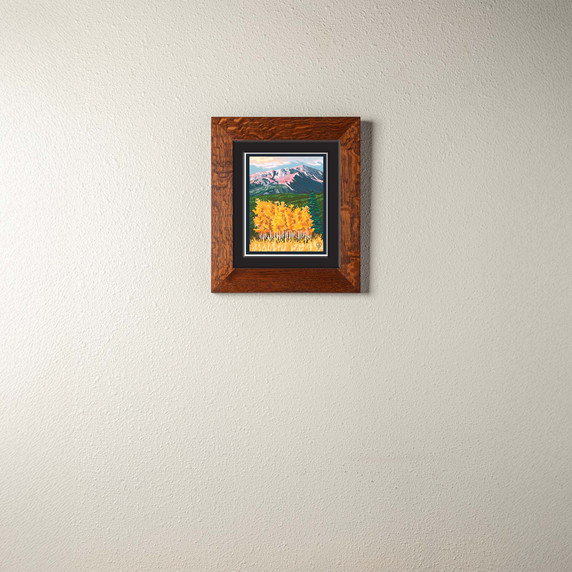  An archival print of a painting of Pike's Peak in Colorado with aspen trees. It has a double mat in a 2