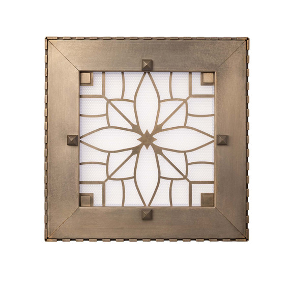  Overhead view of a square can or recessed light cover with a dental pattern and filigree in a nickel finish.