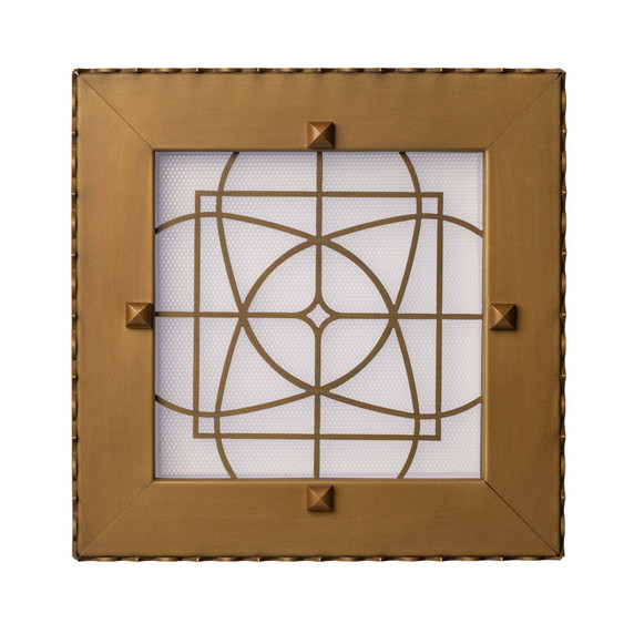  Overhead view of a square can or recessed light cover with an egg-and-dart pattern and filigree in an antique brass finish.