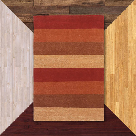  Rectangular Mid-Century Modern area rug with horizontal stripes in shades of red, orange, brown, and beige against flooring color samples.