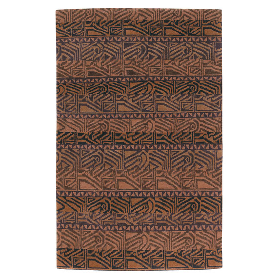  An Art Deco, earth-toned rug featuring an intricate, all-over tribal pattern in charcoal-black against a warm, terracotta-brown base.