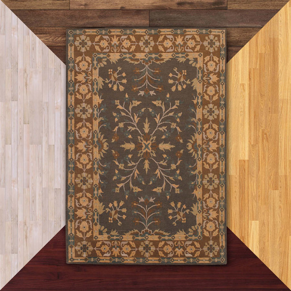  A traditional, oriental or Persian wool rug featuring a symmetrical floral and vine pattern in warm shades of gold, tan set against a deep dark chocolate brown background. 