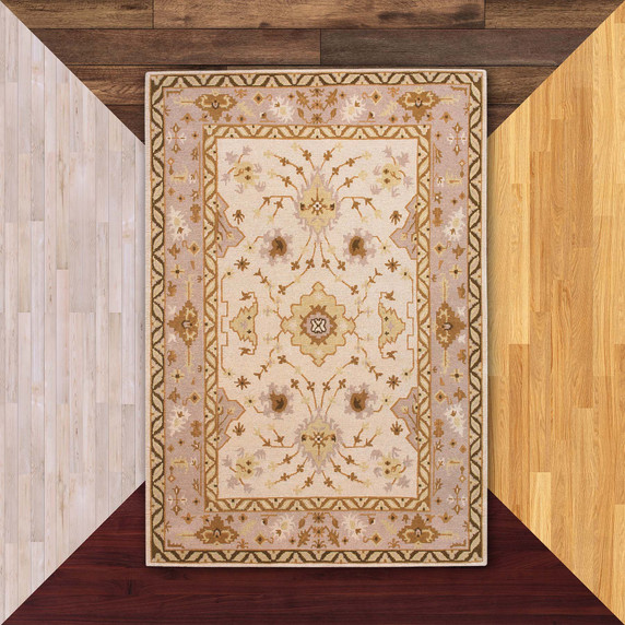  Persian-inspired hand-knotted wool rug with floral medallion pattern in ivory and dusty rose, traditional Himalayan area rug for elegant home decor. It's on a background of flooring samples.