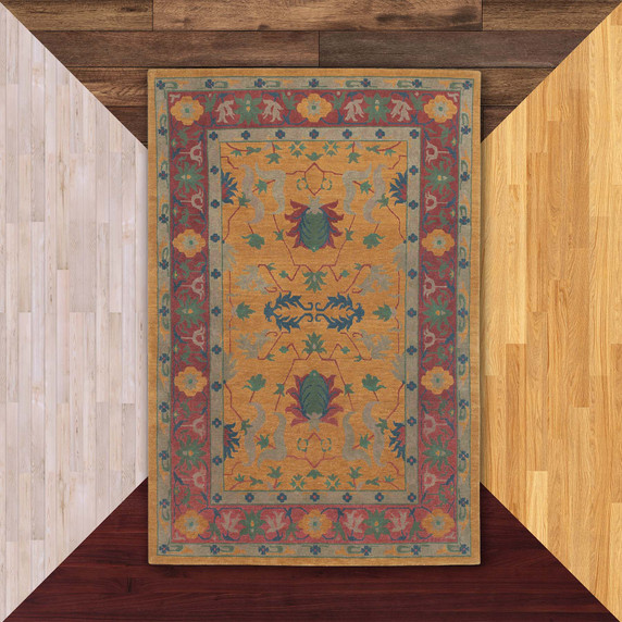  Traditional Persian-style floral design with a warm red and orange, multi-tonal palette. 