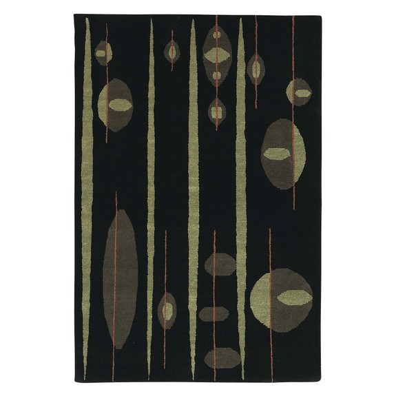  A rectangular black rug with five thick, vertical green stripes in an Atomic style Mid-Century design.