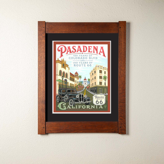  A print of a painting commemorating the anniversaries of Route 66 and Colorado Boulevard in Pasadena, California. It is in a nicely joined oak frame. 