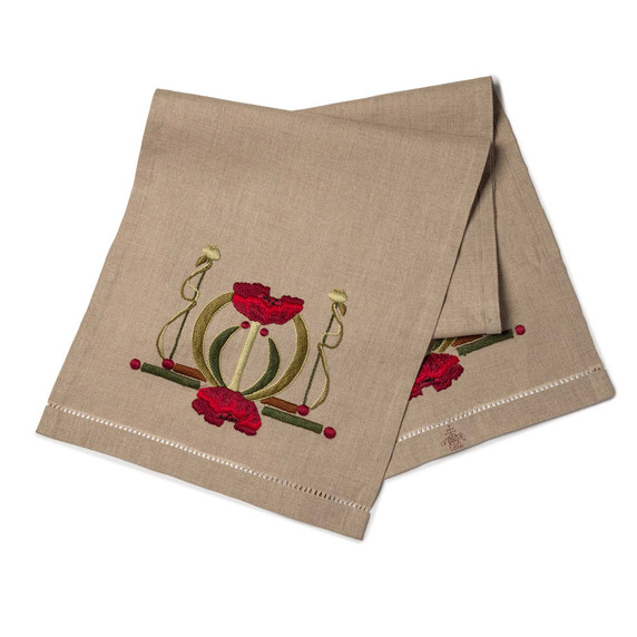  Full length rectangular linen decorative table scarf featuring an embroidered Arts & Crafts or Art Nouveau style poppy motif in deep red with olive green, and dark green accents.