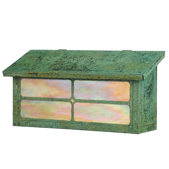  A solid brass, cottage or storybook style horizontal mailbox with a rustic window cross pattern, verdigris finish and iridescent glass.