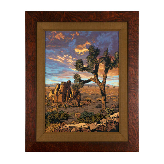  Framed art piece depicting Joshua Tree landscape set in a wood frame with seaweed liner.