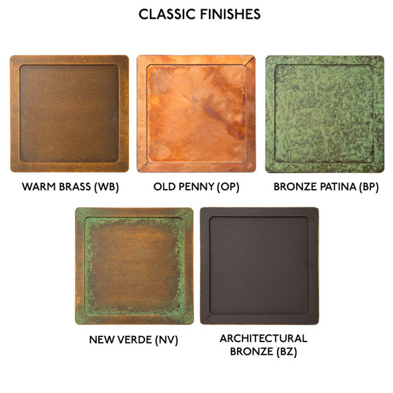 Five samples of Old California's classic finishes on a white background including new verde, architectural bronze, warm brass, old penny and bronze patina.