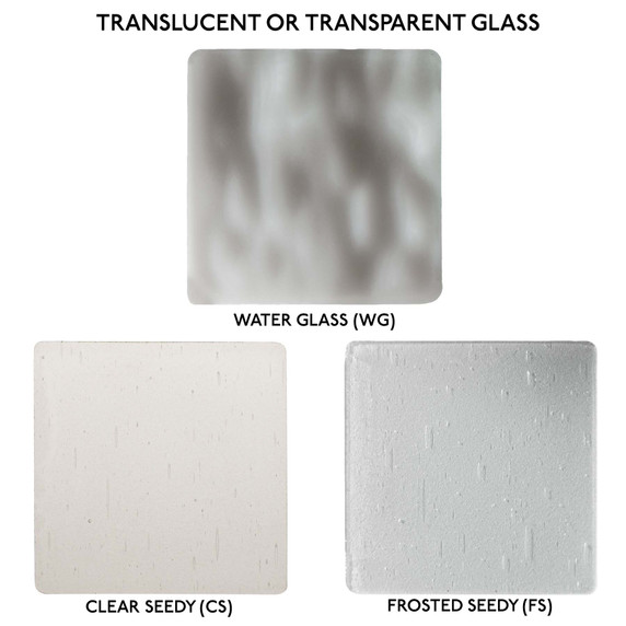  Three samples of Old California's translucent or transparent glass on a white background including water glass, clear seedy and frosted seedy.