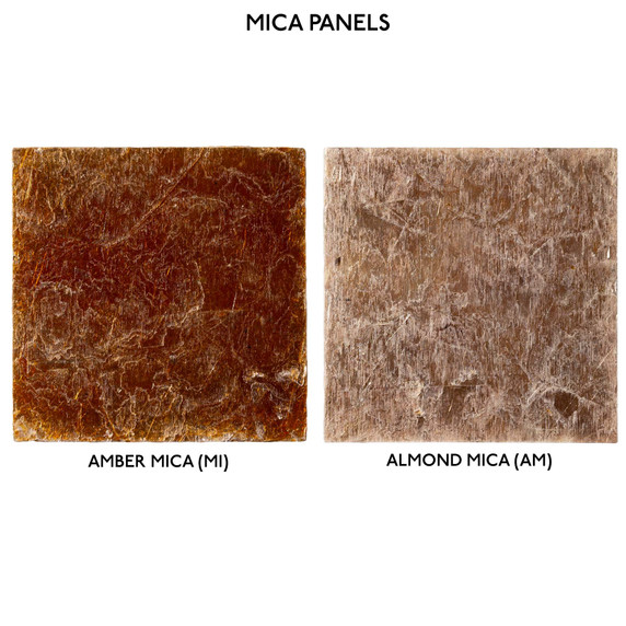  Two samples of Old California's mica panels on a white background including amber mica and almond mica