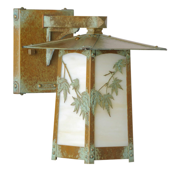  A rustic, artistic wall mounted light fixture with Japanese Maple artwork, an aged verdigris finish and white glass.