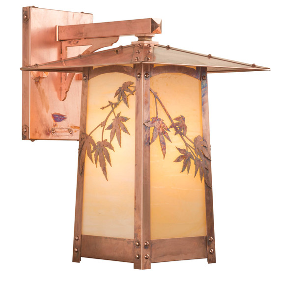  A rustic, artistic wall mounted light fixture with Japanese Maple artwork, a raw copper finish and warm white glass.