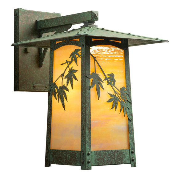  Three-quarters view of rustic, artistic wall mounted light fixture with Japanese Maple artwork, an aged verdigris finish and golden glass.