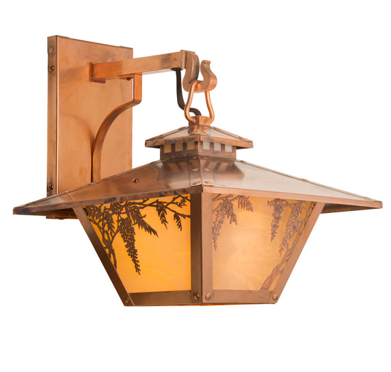  An Arts & Crafts style wall mounted light fixture on a hooked arm with a cupola, a dramatic taper, a raw copper finish and warm glass and wisteria artwork.