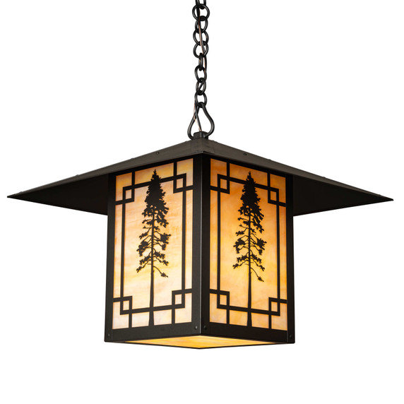  A linear Arts & Crafts chain mounted pendant light fixture with a black finish, warm colored glass and the silhouette of a giant Sequoia tree.