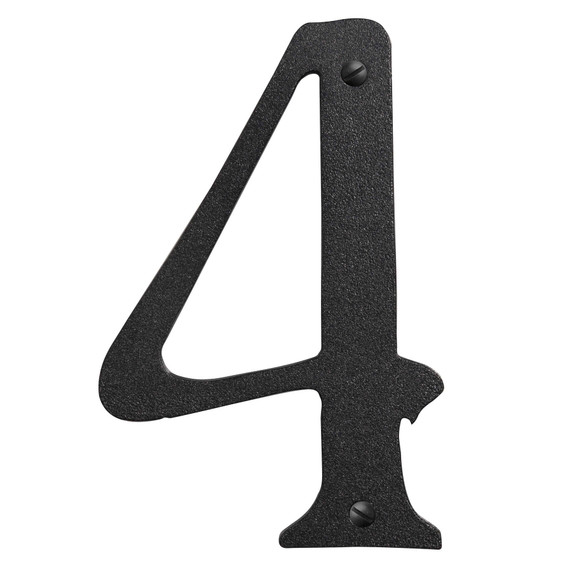  A brass cutout of the number four with a textured black finish to be used as a house address number.