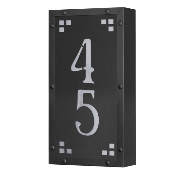  A solid brass, vertically oriented illuminated house number plaque with a two number address, a satin black finish, white glass and corner glass accents.