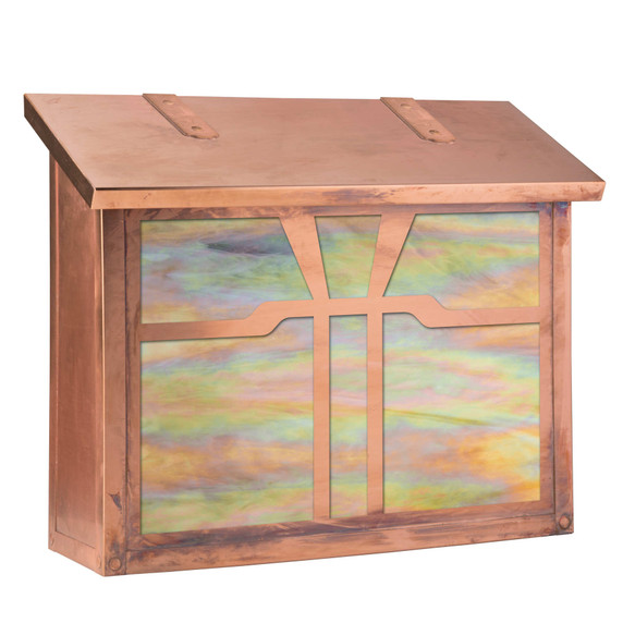  A large brass mailbox with a raw copper finish, iridescent glass and a cloud lift pattern.