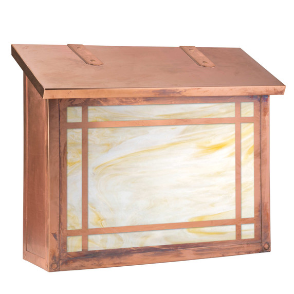  A large, Mission style mailbox with a linear border pattern, raw copper finish and off white glass.