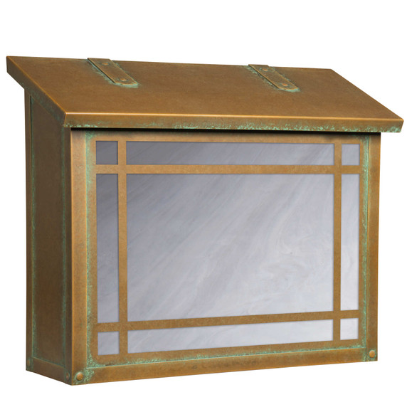  A large, Mission style mailbox with a linear border pattern, aged finish and white glass.
