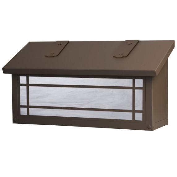  A horizontal, Mission style mailbox with a linear border pattern, smooth bronze finish and white glass.