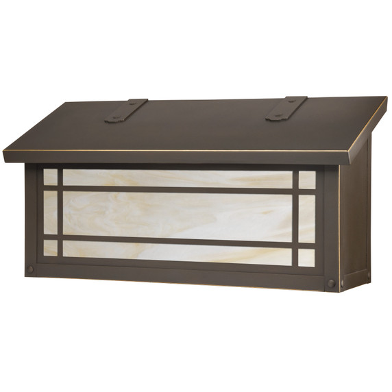  A horizontal, Mission style mailbox with a linear border pattern, oil-rubbed bronze finish and off white glas