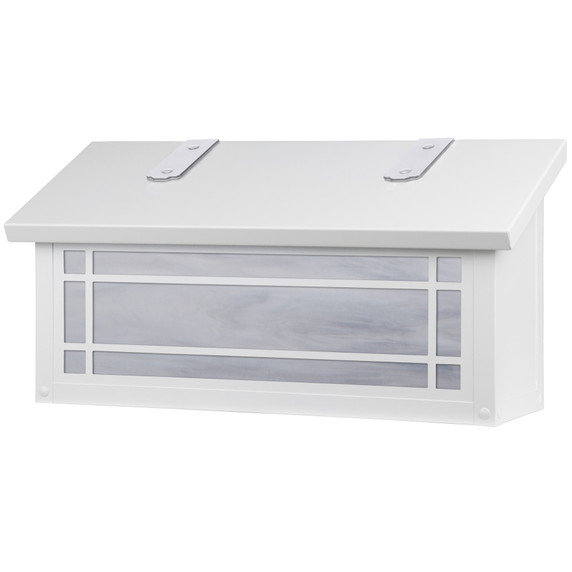  A horizontal, Mission style mailbox with a linear border pattern, satin white finish and white glass.