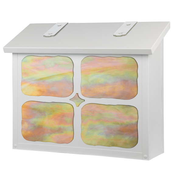  A solid brass, cottage or storybook style large mailbox with a rustic window cross pattern, satin white finish and iridescent glass.
