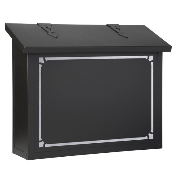  A solid brass, large mailbox with arrow hinge straps, a black finish and a decorative, Edwardian glass border.