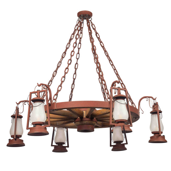  A wagon wheel chandelier made with six rustic reproductions of a 19th-century, Dietz hot blast, hooked arm lanterns. The lanterns feature a painted rust finish and frosted shades.