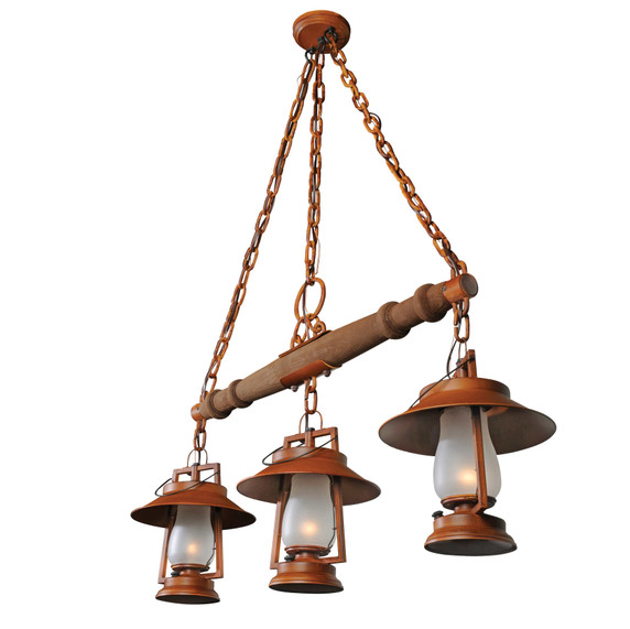 A wagon yoke chandelier made with three rustic reproductions of a 19th-century, Dietz hot blast pendant lanterns with shades. The lanterns look like they're from the frontier days of the Wild West with a rusty finish and frosted shades.
